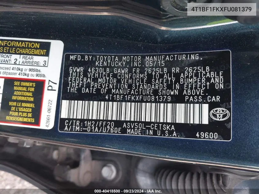 4T1BF1FKXFU081379 2015 Toyota Camry Se