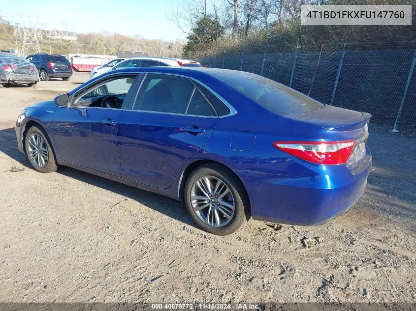 2015 Toyota Camry Hybrid Se VIN: 4T1BD1FKXFU147760 Lot: 40879772