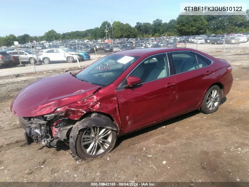 2016 Toyota Camry Se VIN: 4T1BF1FK3GU510122 Lot: 39542155