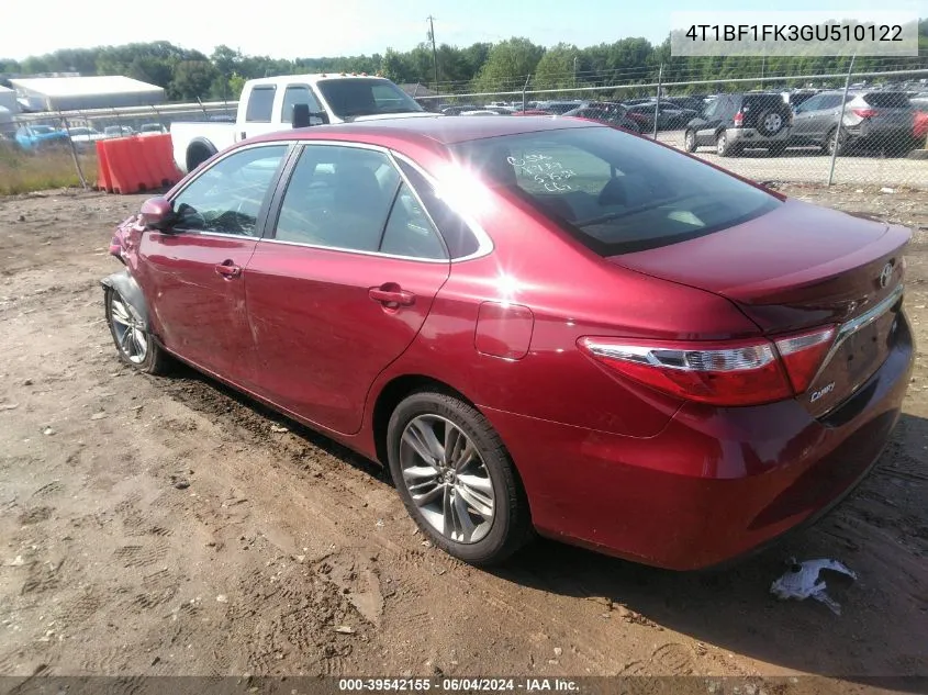 2016 Toyota Camry Se VIN: 4T1BF1FK3GU510122 Lot: 39542155