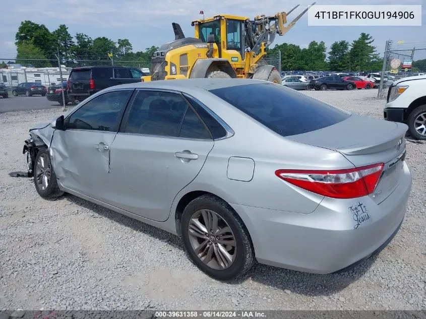 2016 Toyota Camry Se VIN: 4T1BF1FK0GU194906 Lot: 39631358