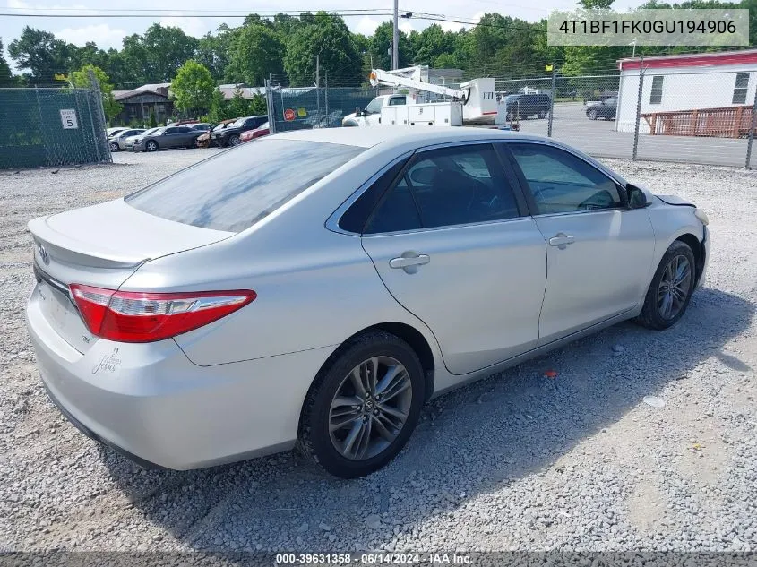 2016 Toyota Camry Se VIN: 4T1BF1FK0GU194906 Lot: 39631358