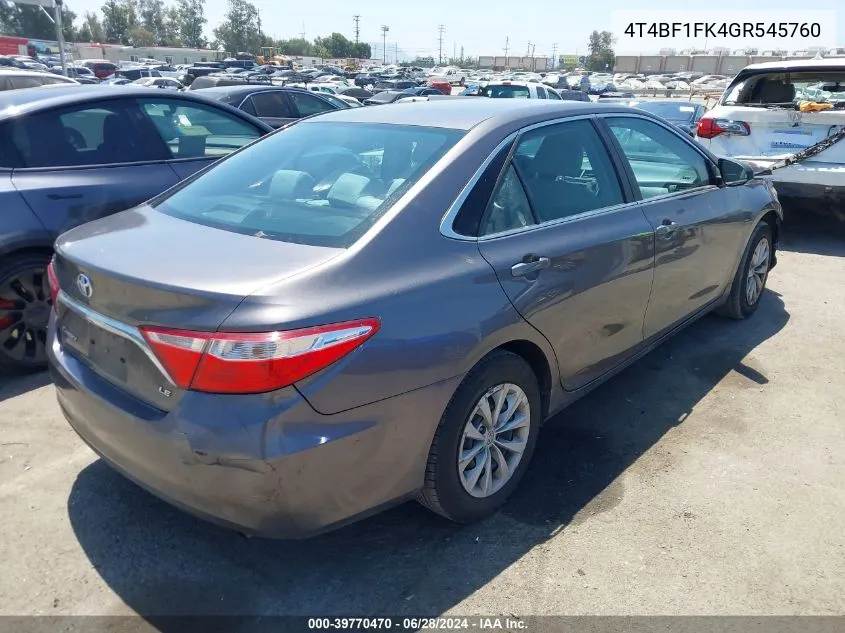 2016 Toyota Camry Le VIN: 4T4BF1FK4GR545760 Lot: 39770470