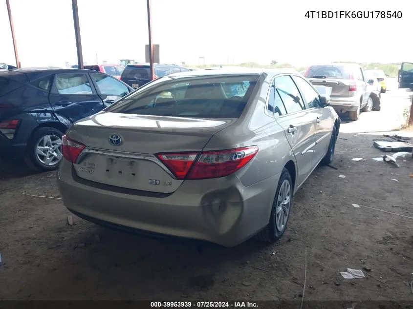 2016 Toyota Camry Hybrid Le/Se/Xle VIN: 4T1BD1FK6GU178540 Lot: 39953939