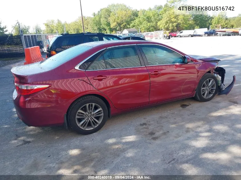 2016 Toyota Camry Se VIN: 4T1BF1FK8GU516742 Lot: 40240019