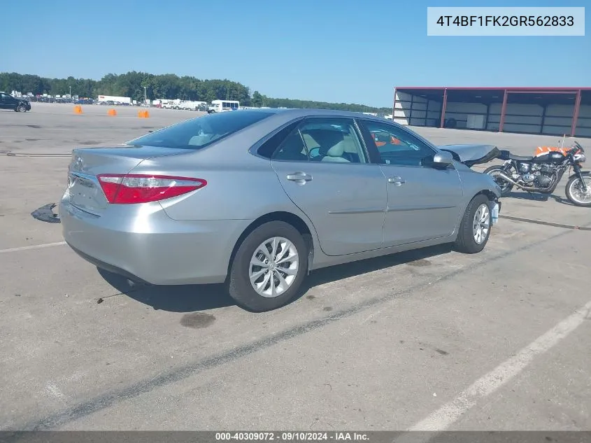 2016 Toyota Camry Le VIN: 4T4BF1FK2GR562833 Lot: 40309072