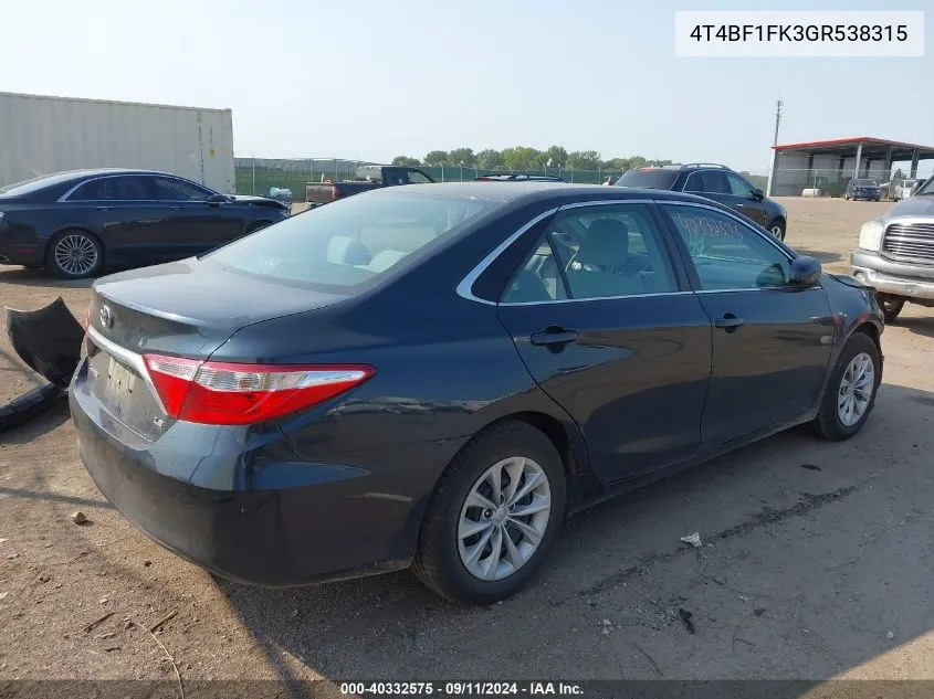 2016 Toyota Camry Le VIN: 4T4BF1FK3GR538315 Lot: 40332575