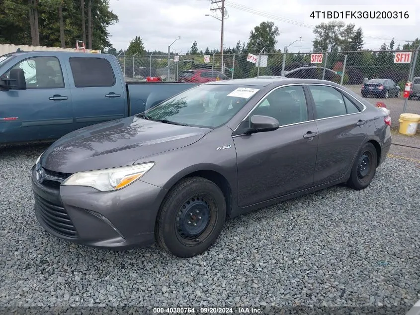 2016 Toyota Camry Hybrid Le VIN: 4T1BD1FK3GU200316 Lot: 40380764