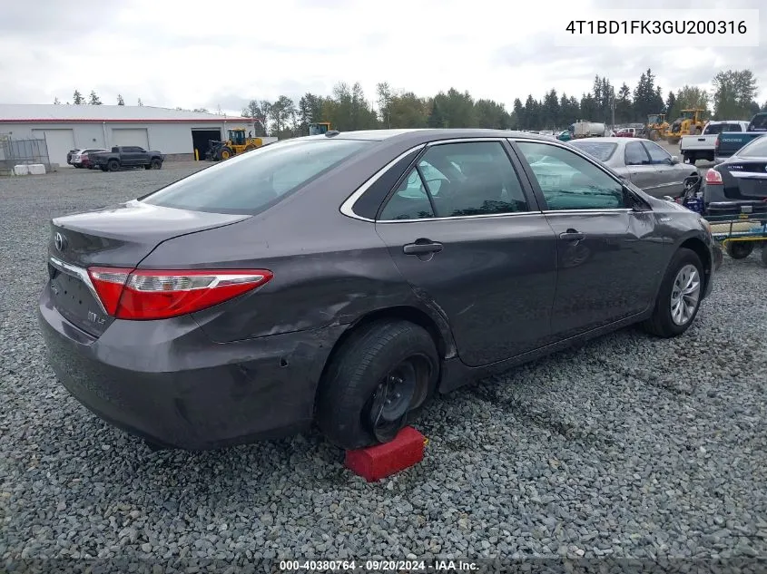 2016 Toyota Camry Hybrid Le VIN: 4T1BD1FK3GU200316 Lot: 40380764