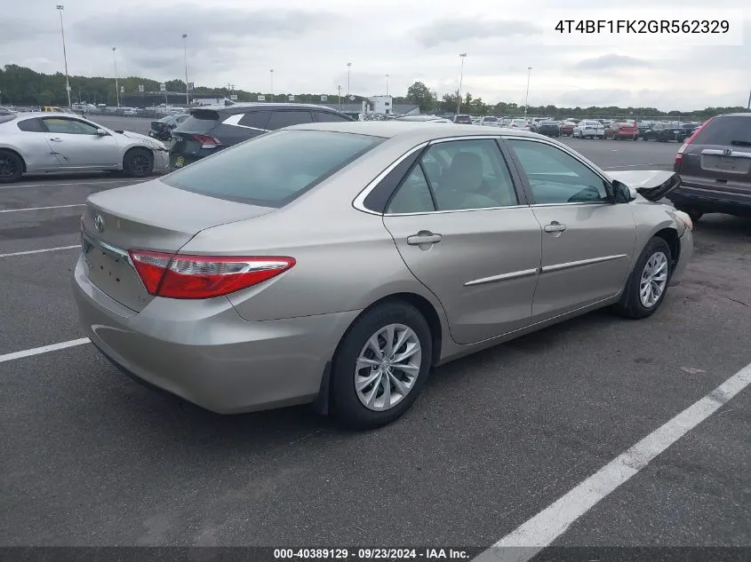 2016 Toyota Camry Le VIN: 4T4BF1FK2GR562329 Lot: 40389129