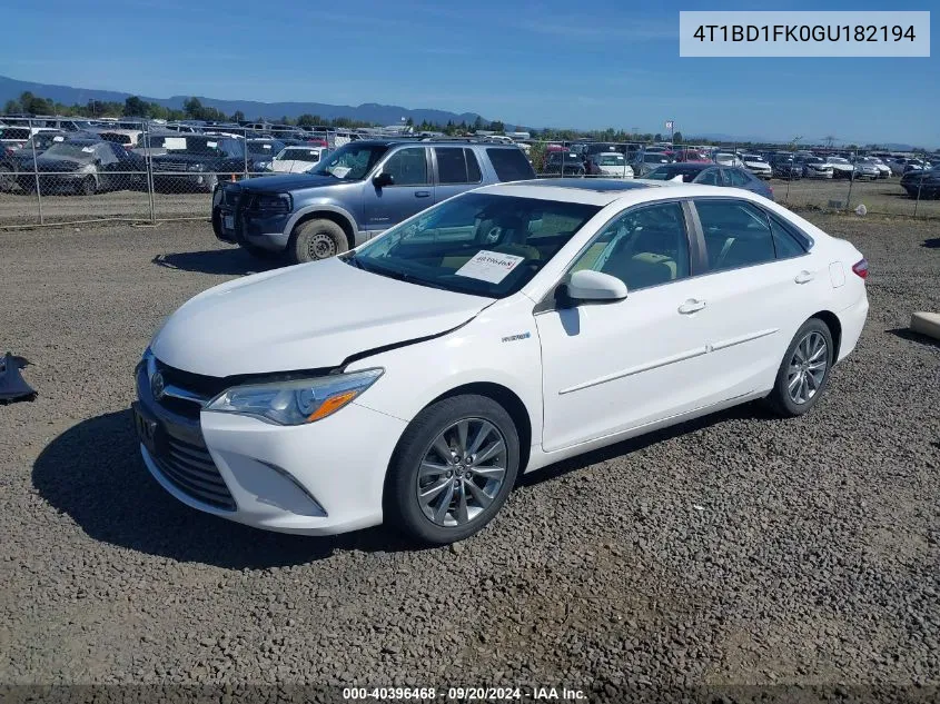 2016 Toyota Camry Hybrid Xle VIN: 4T1BD1FK0GU182194 Lot: 40396468