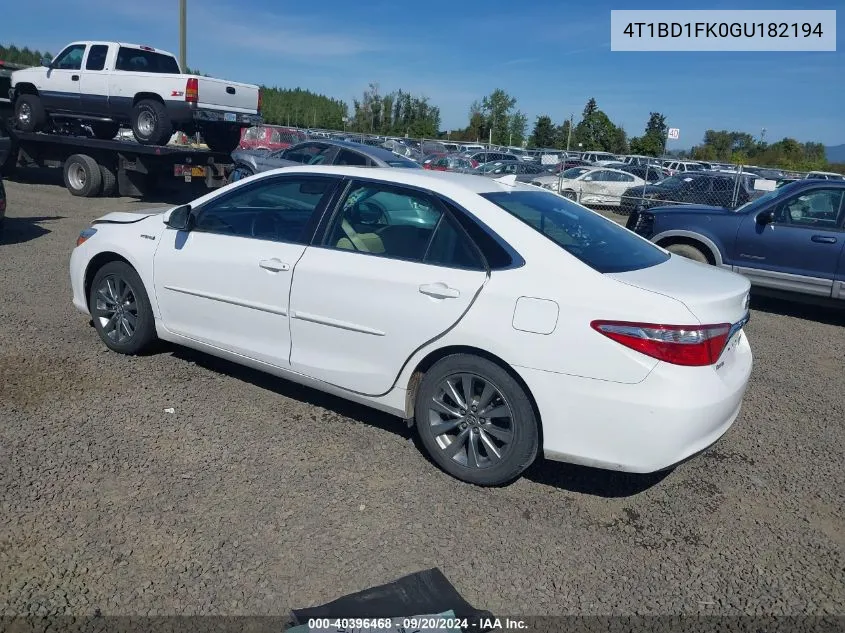 2016 Toyota Camry Hybrid Xle VIN: 4T1BD1FK0GU182194 Lot: 40396468