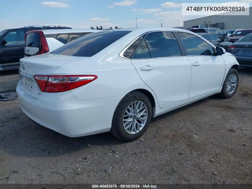 2016 Toyota Camry Le VIN: 4T4BF1FK0GR528535 Lot: 40452075