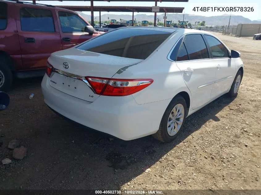 2016 Toyota Camry Le VIN: 4T4BF1FKXGR578326 Lot: 40502730