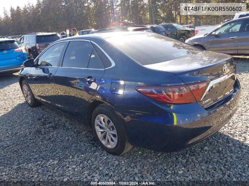 2016 Toyota Camry Le VIN: 4T4BF1FK0GR550602 Lot: 40509984