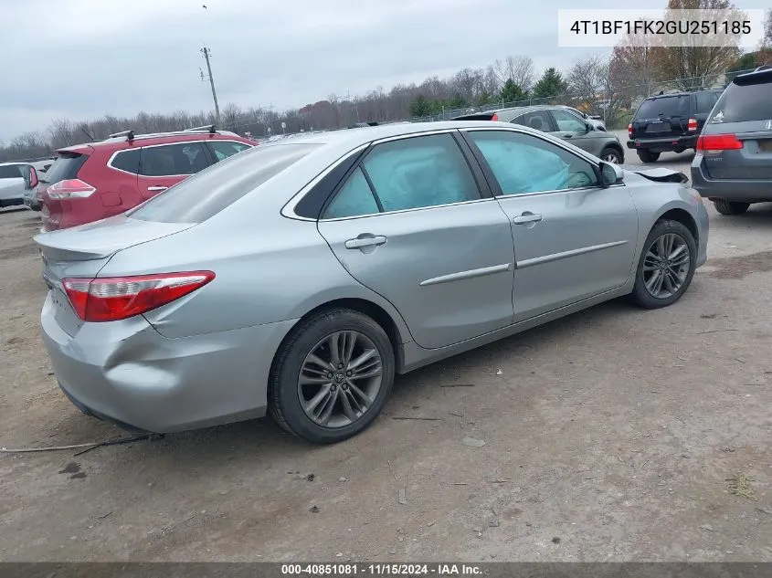 2016 Toyota Camry Se VIN: 4T1BF1FK2GU251185 Lot: 40851081