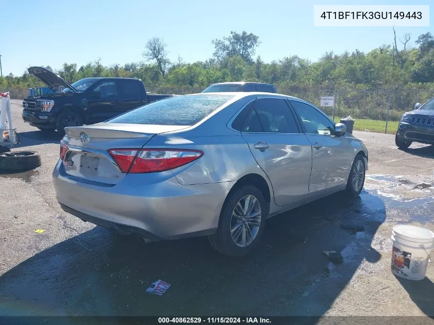 2016 Toyota Camry Se VIN: 4T1BF1FK3GU149443 Lot: 40862529