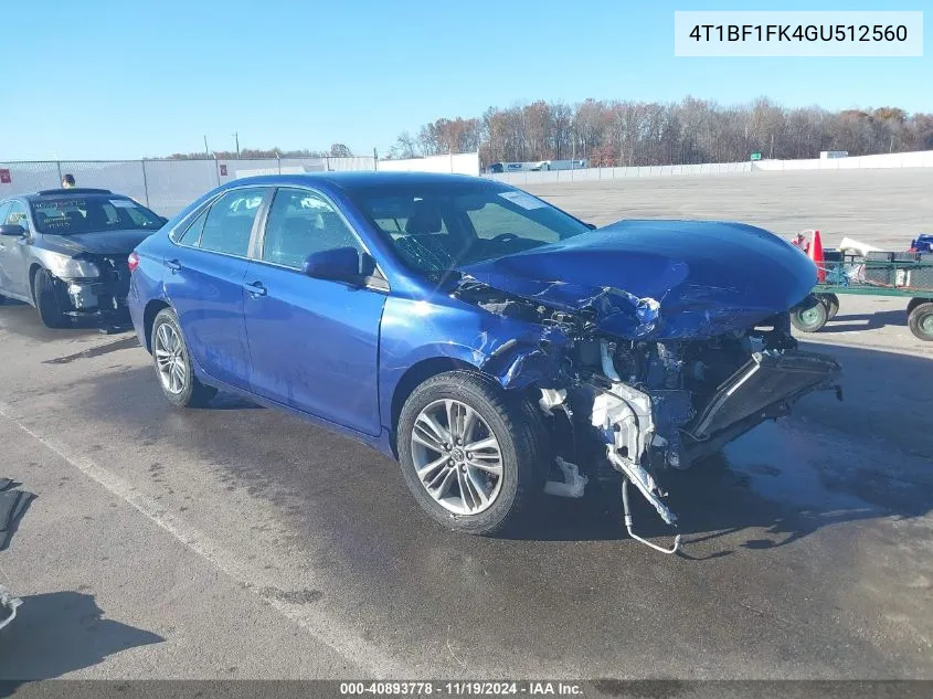 2016 Toyota Camry Se VIN: 4T1BF1FK4GU512560 Lot: 40893778