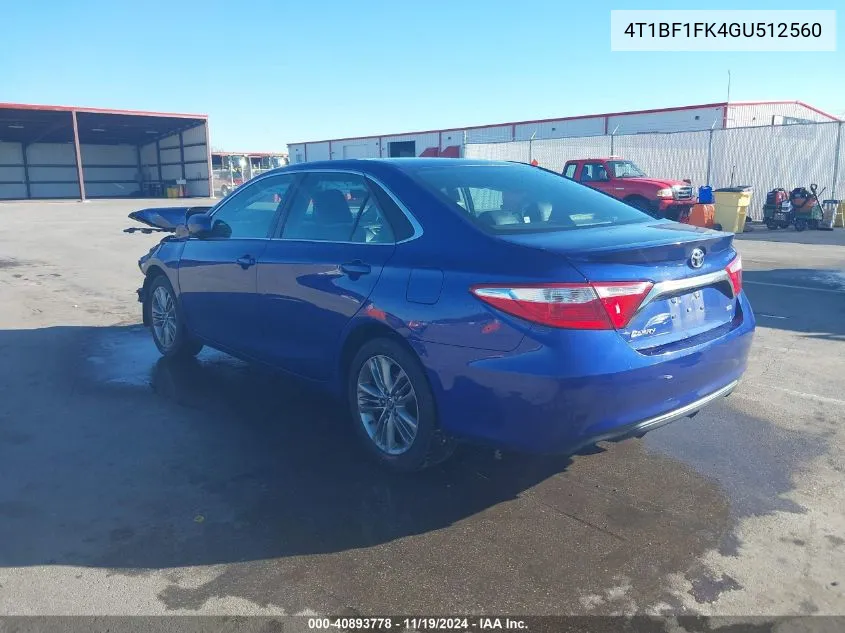 2016 Toyota Camry Se VIN: 4T1BF1FK4GU512560 Lot: 40893778