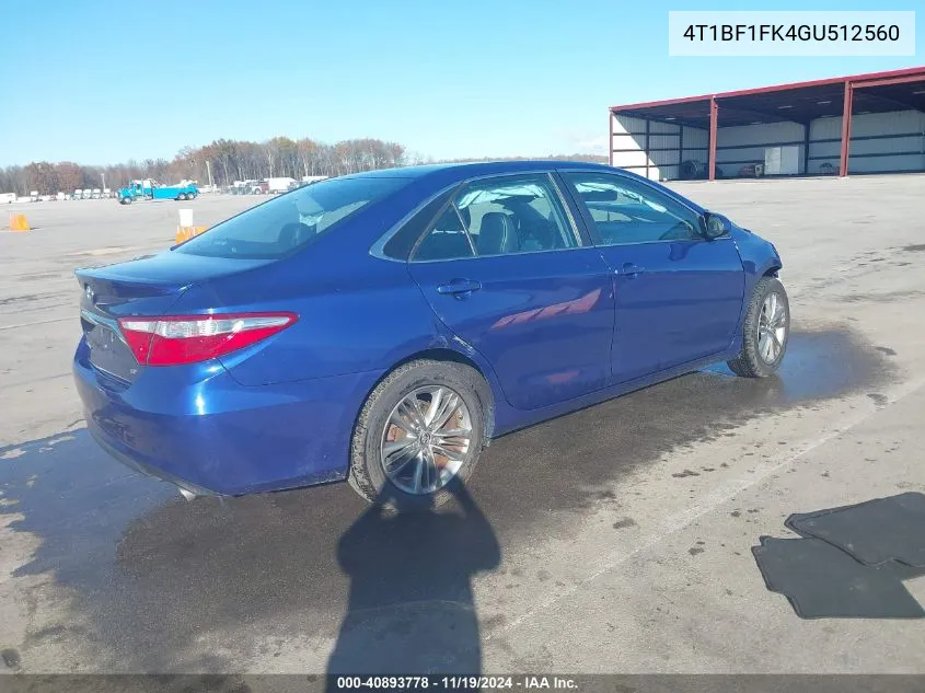 2016 Toyota Camry Se VIN: 4T1BF1FK4GU512560 Lot: 40893778