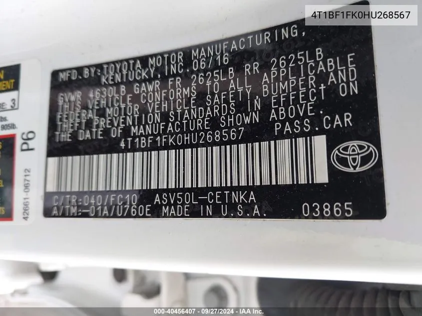 4T1BF1FK0HU268567 2017 Toyota Camry Le