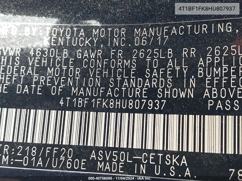 4T1BF1FK8HU807937 2017 Toyota Camry Se