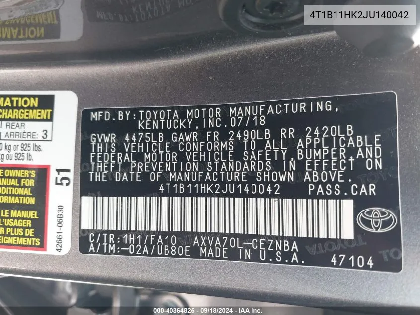 4T1B11HK2JU140042 2018 Toyota Camry Le