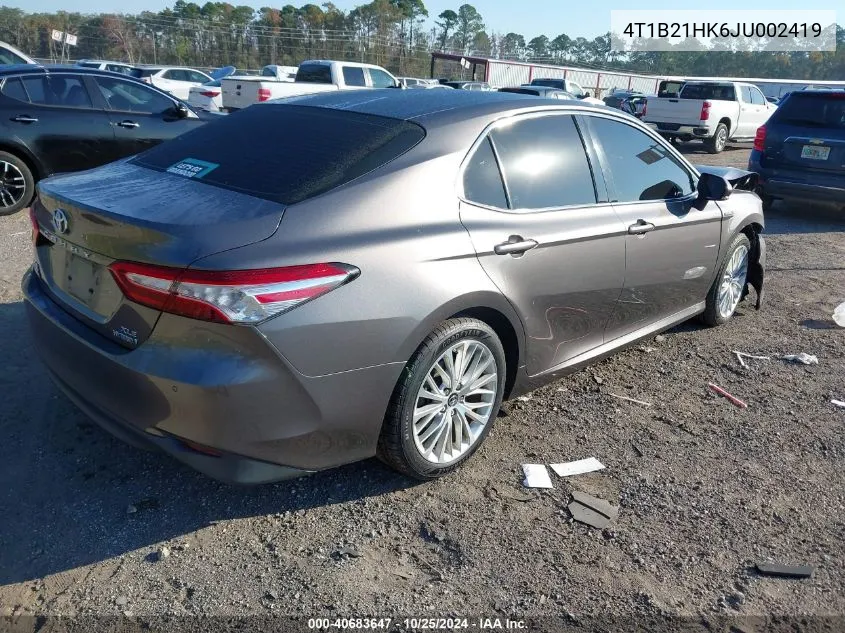 2018 Toyota Camry Hybrid Xle VIN: 4T1B21HK6JU002419 Lot: 40683647