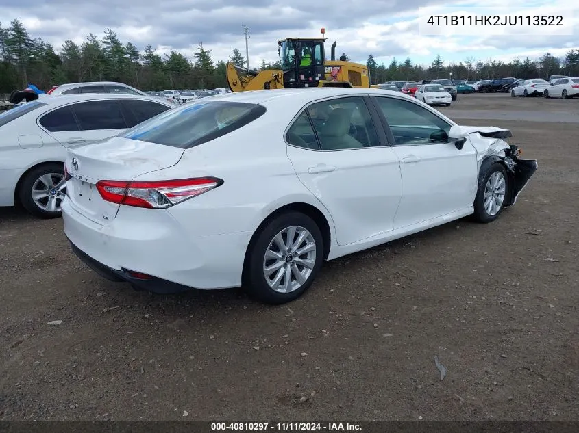 2018 Toyota Camry Le VIN: 4T1B11HK2JU113522 Lot: 40810297