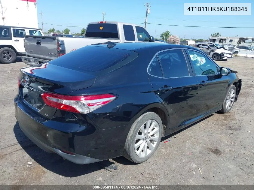 2019 Toyota Camry Le VIN: 4T1B11HK5KU188345 Lot: 39581174