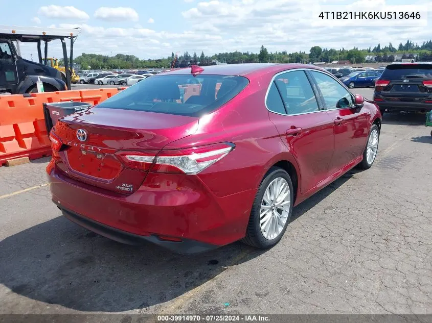 2019 Toyota Camry Hybrid Xle VIN: 4T1B21HK6KU513646 Lot: 39914970