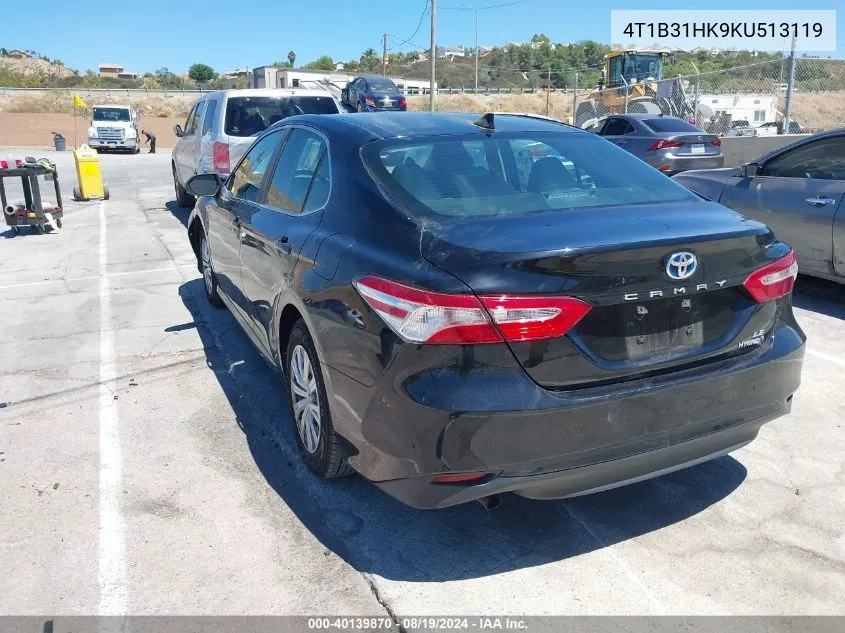 2019 Toyota Camry Hybrid Le VIN: 4T1B31HK9KU513119 Lot: 40139870