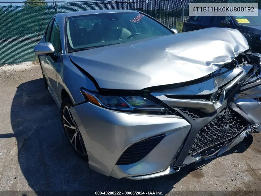 2019 Toyota Camry Se VIN: 4T1B11HK0KU800192 Lot: 40280222