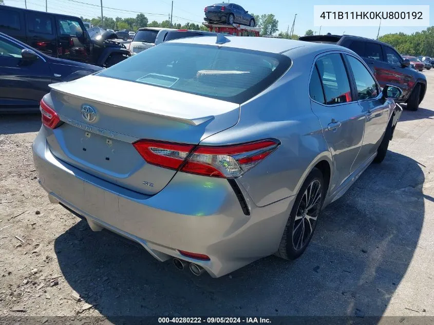 2019 Toyota Camry Se VIN: 4T1B11HK0KU800192 Lot: 40280222