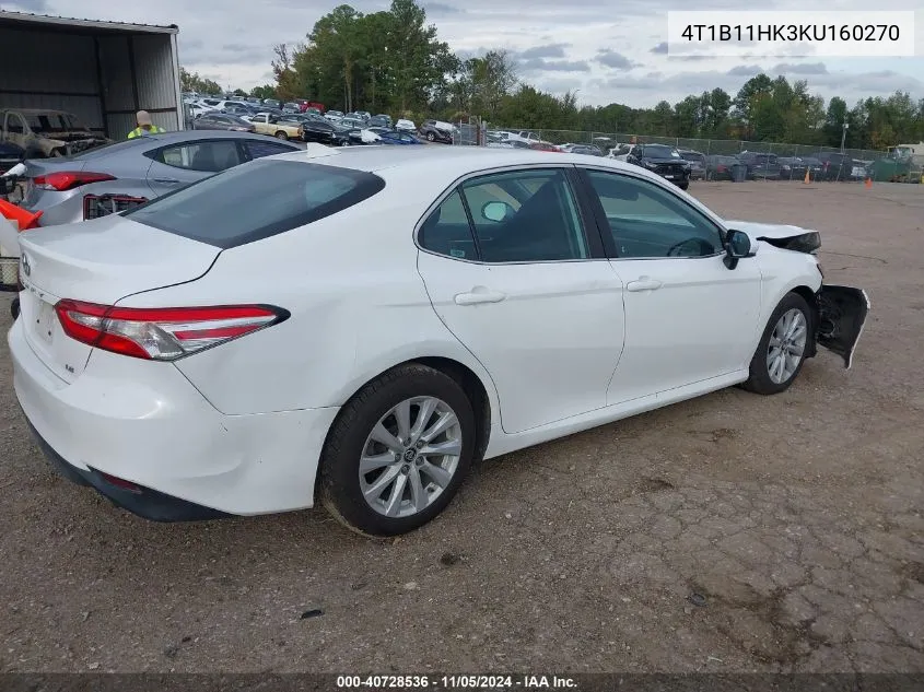 2019 Toyota Camry Le VIN: 4T1B11HK3KU160270 Lot: 40728536