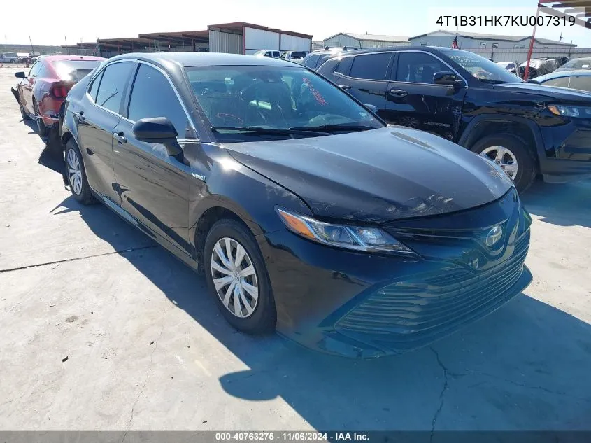 2019 Toyota Camry Hybrid Le VIN: 4T1B31HK7KU007319 Lot: 40763275