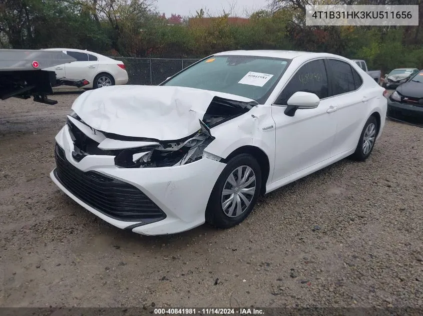 2019 Toyota Camry Hybrid Le VIN: 4T1B31HK3KU511656 Lot: 40841981