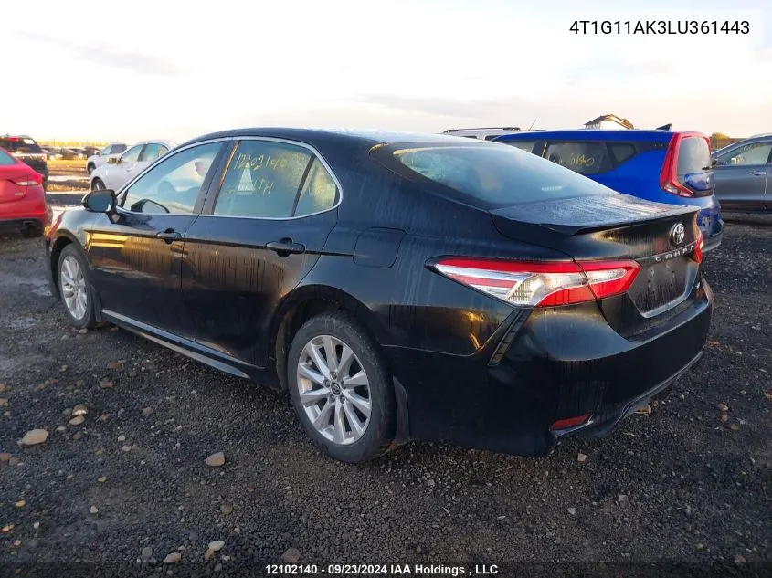 2020 Toyota Camry Se VIN: 4T1G11AK3LU361443 Lot: 12102140