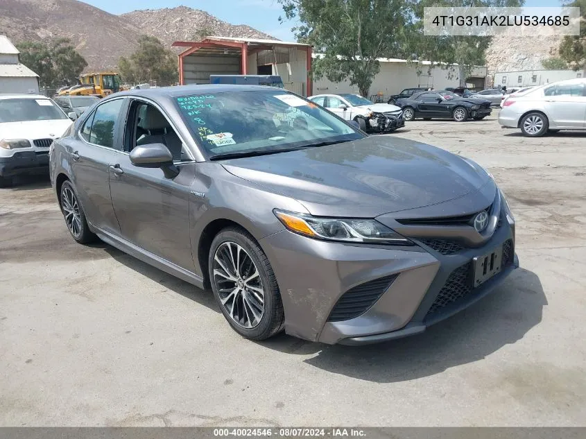 2020 Toyota Camry Se Hybrid VIN: 4T1G31AK2LU534685 Lot: 40024546