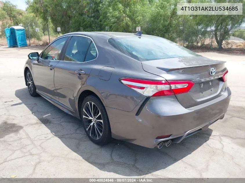 2020 Toyota Camry Se Hybrid VIN: 4T1G31AK2LU534685 Lot: 40024546