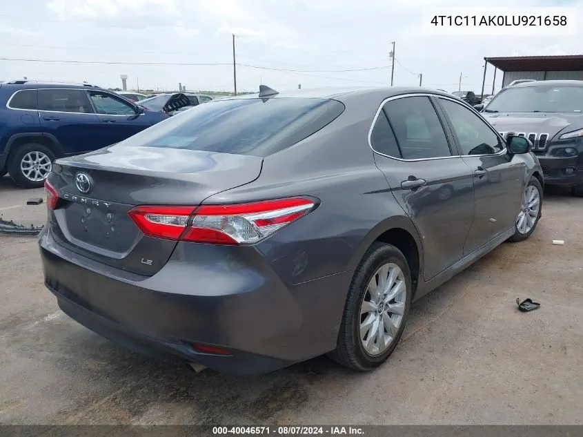 2020 Toyota Camry Le VIN: 4T1C11AK0LU921658 Lot: 40046571