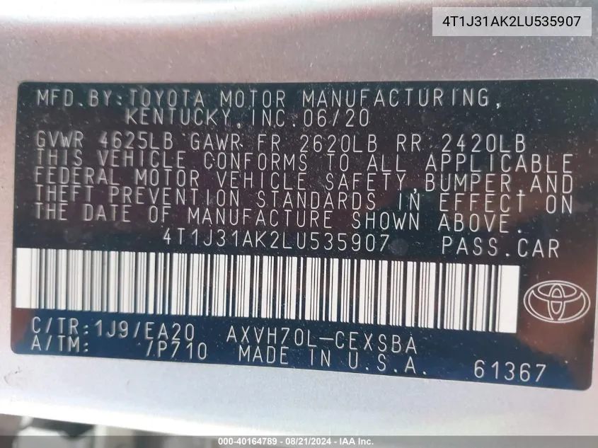 2020 Toyota Camry Se Hybrid VIN: 4T1J31AK2LU535907 Lot: 40164789