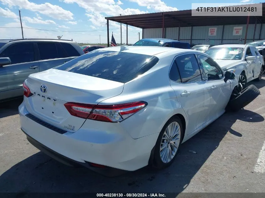 2020 Toyota Camry Xle Hybrid VIN: 4T1F31AK1LU012481 Lot: 40238130