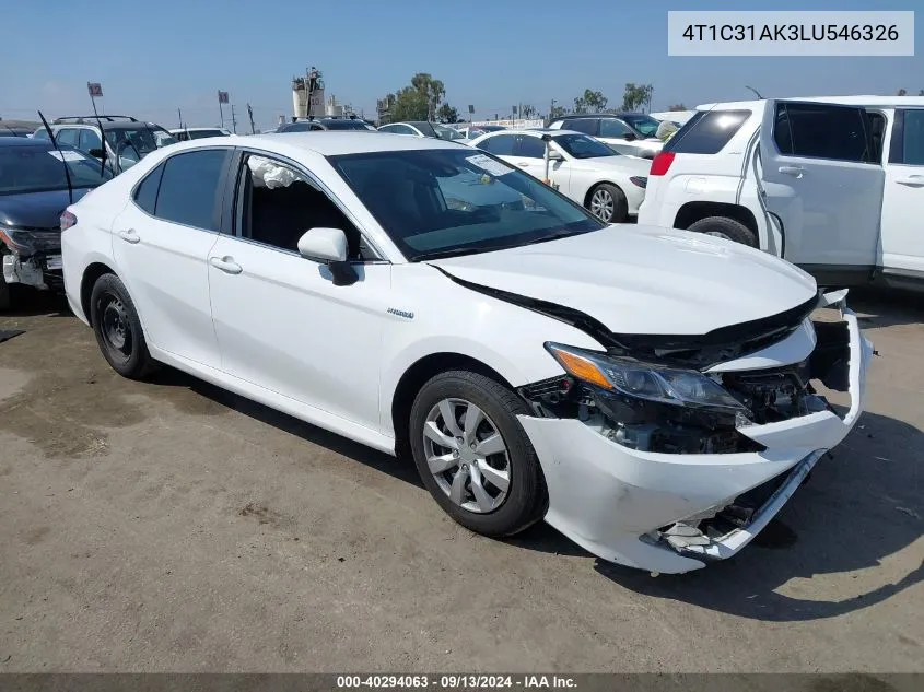 2020 Toyota Camry Le Hybrid VIN: 4T1C31AK3LU546326 Lot: 40294063