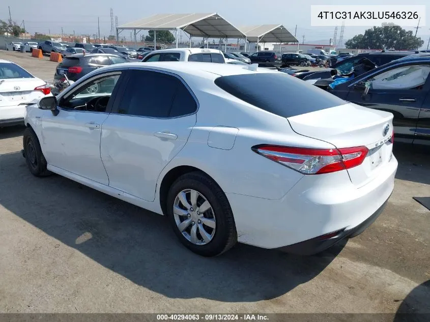 2020 Toyota Camry Le Hybrid VIN: 4T1C31AK3LU546326 Lot: 40294063