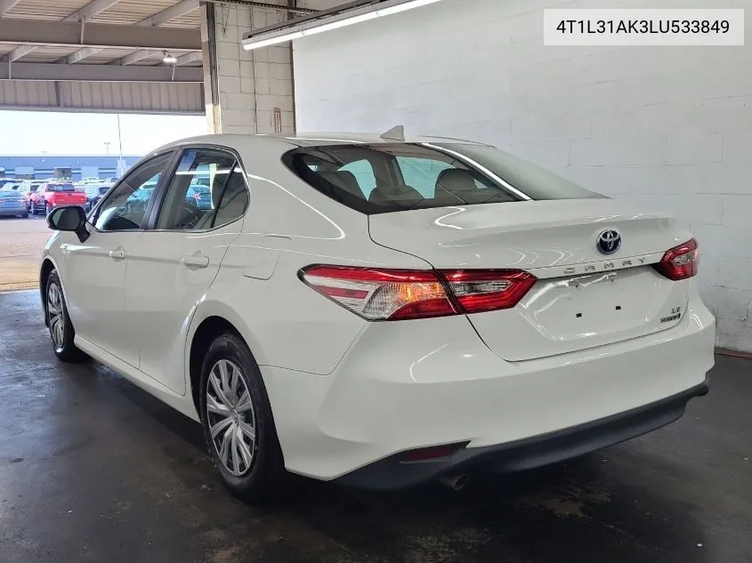 2020 Toyota Camry Le Hybrid VIN: 4T1L31AK3LU533849 Lot: 40613781