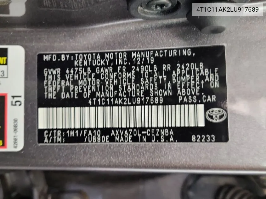 4T1C11AK2LU917689 2020 Toyota Camry Le