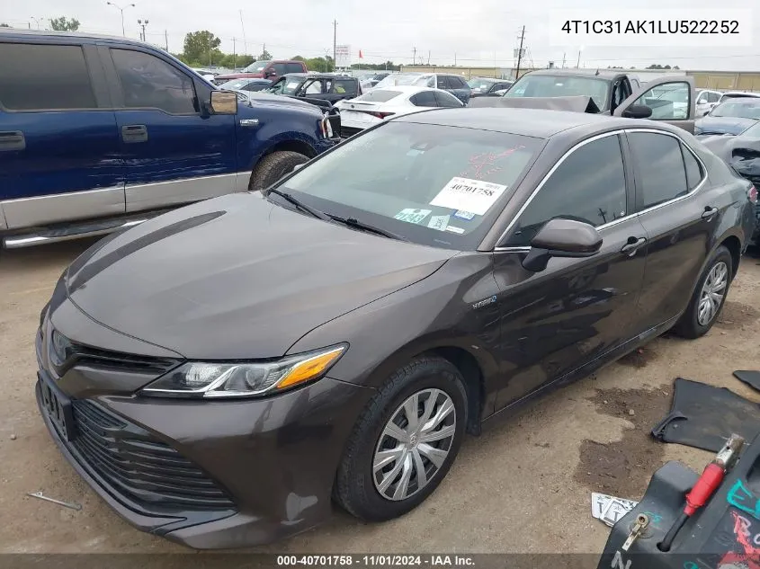 2020 Toyota Camry Le Hybrid VIN: 4T1C31AK1LU522252 Lot: 40701758