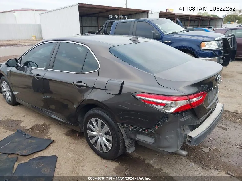 2020 Toyota Camry Le Hybrid VIN: 4T1C31AK1LU522252 Lot: 40701758