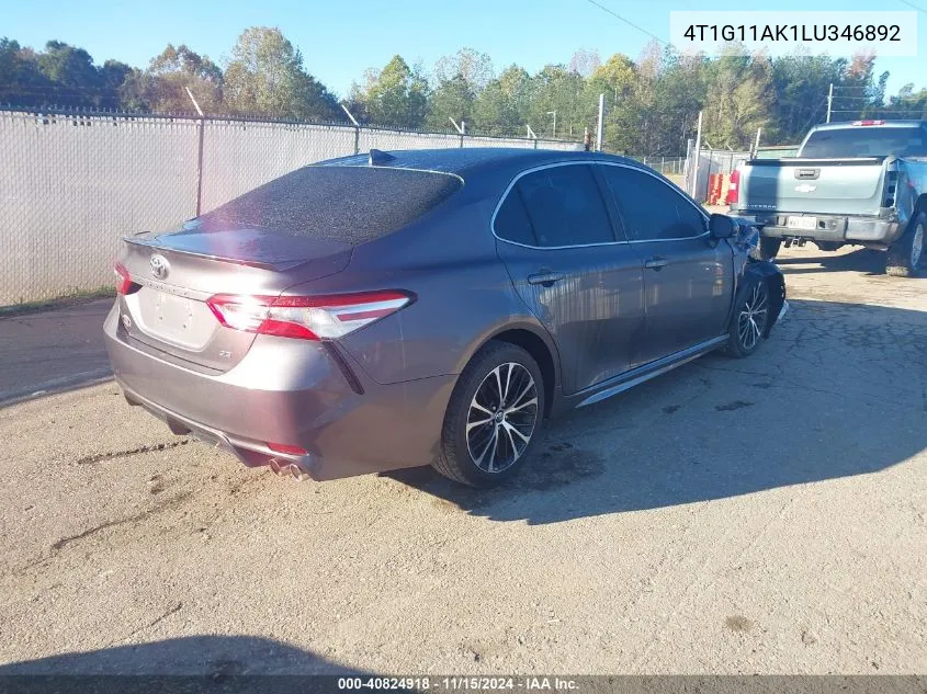 2020 Toyota Camry Se VIN: 4T1G11AK1LU346892 Lot: 40824918